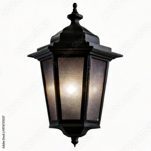 Ornate dark metal lantern, glowing, against white