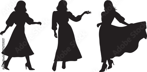 Silhouettes of Three Women Dancing in Long Dresses, Elegant