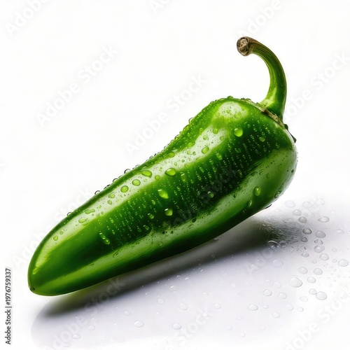 Vivid green chili pepper with water droplets on white