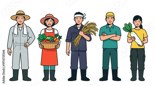 Flat Illustration of Japanese Farmers Holding Fresh Harvest Vegetables and Rice Stalks, Diverse Agricultural Team Standing on White Background