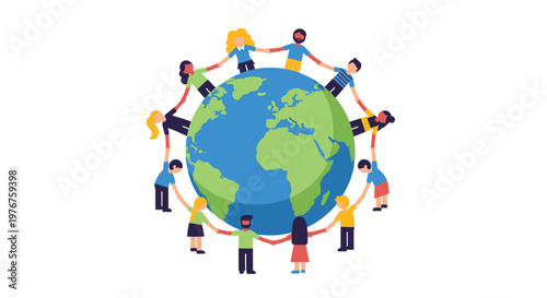 Diverse people holding hands around the earth symbolizing global unity and friendship
