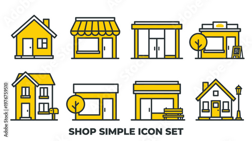 Set of Simple Building Icons: Shop, House, Storefront and Bakery Flat Line Vector Illustrations for Web and UI Design
