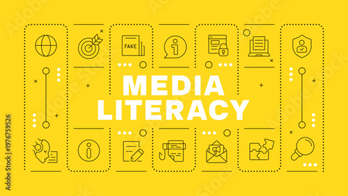 Media literacy yellow word concept. Artificial intelligence, marketing research. Fake news. Horizontal vector image. Headline text surrounded by editable outline icons. Hubot Sans font used
