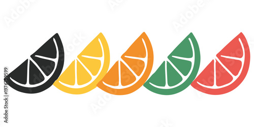 Colorful citrus fruit slices in a row black
