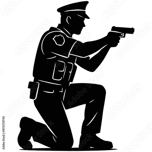 Police officer kneeling with gun pistol