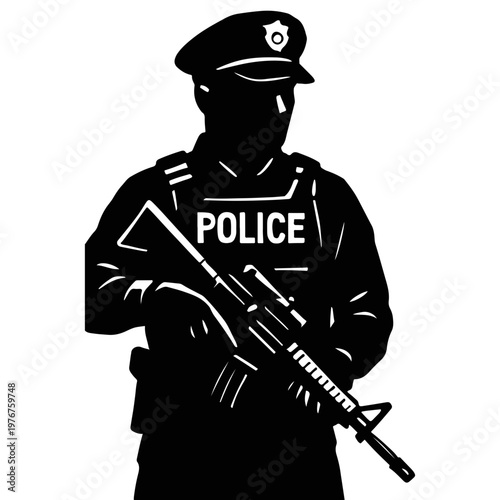 Police officer with rifle and bulletproof vest silhouette