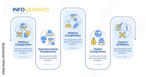 Conspiracy theory classifications rectangle infographic vector. Medical treatment. Data visualization with 5 steps. Editable rectangular options chart. Lato-Bold, Regular fonts used