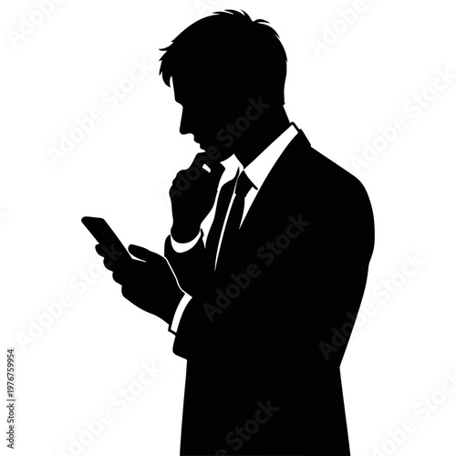 Businessman in suit looking at phone thoughtfully silhouette