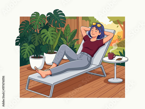 Relaxed Woman Lounging on Sunbed in Tropical Garden Terrace with Coffee, Monstera Plants Illustration for Wellness and Self-Care Concept