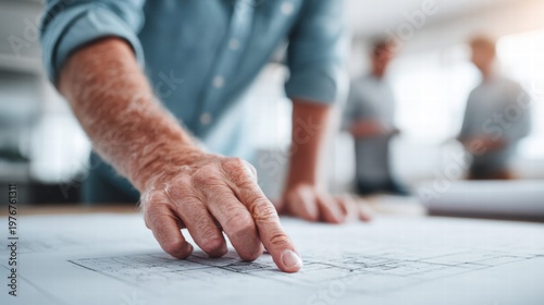 Architect reviewing blueprints with colleagues in the background.