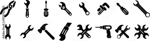 A diverse set of essential hardware construction and repair tools like wrench , hammer , cutter and drill represented as crisp minimalist black silhouette icons for maintenance