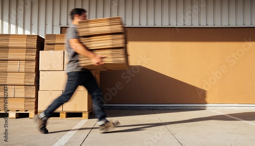 Warehouse worker delivering cardboard boxes with speed and efficiency