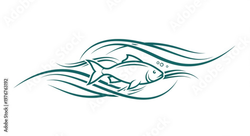 Detailed illustration of a green fish swimming in wavy lines on a white background with dynamic fins and tail