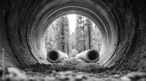 Tunnel vision with pipes leading to a forest