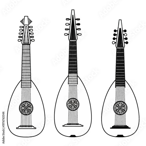 Three black and white vector illustrations of renaissance lutes, featuring pear-shaped bodies, ornate soundhole rosettes, and fretted necks, isolated on a white background.