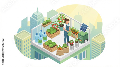 Isometric illustration of a man tending to a rooftop garden with various plants and a solar panel in a city setting with a sunny yellow sky
