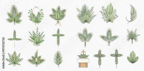 Set of green plant arrangements and crosses for funeral decorations, isolated on transparent background.