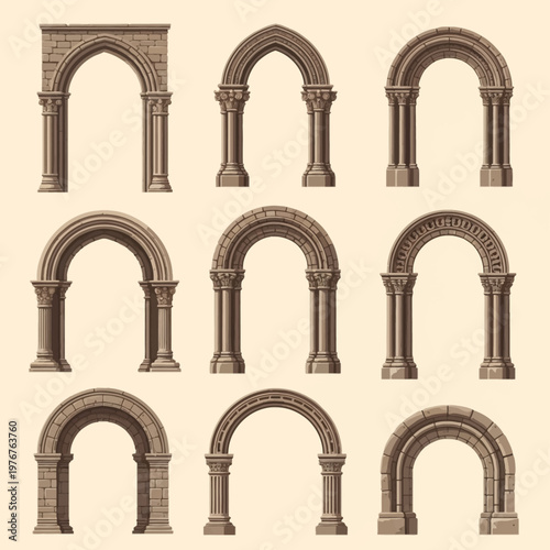 Set of nine architectural stone archways including Gothic pointed arches and Romanesque round arches with fluted columns, ornate capitals, and detailed masonry stonework.