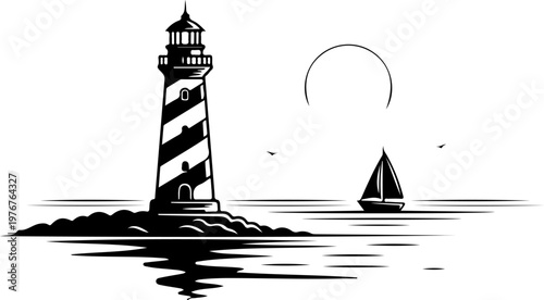 Coastal lighthouse silhouette vector illustration