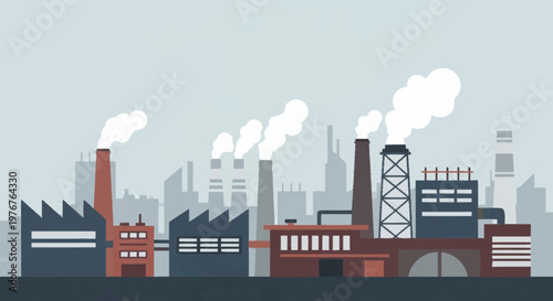 Industrial Landscape with Factories and Pollution Emission.