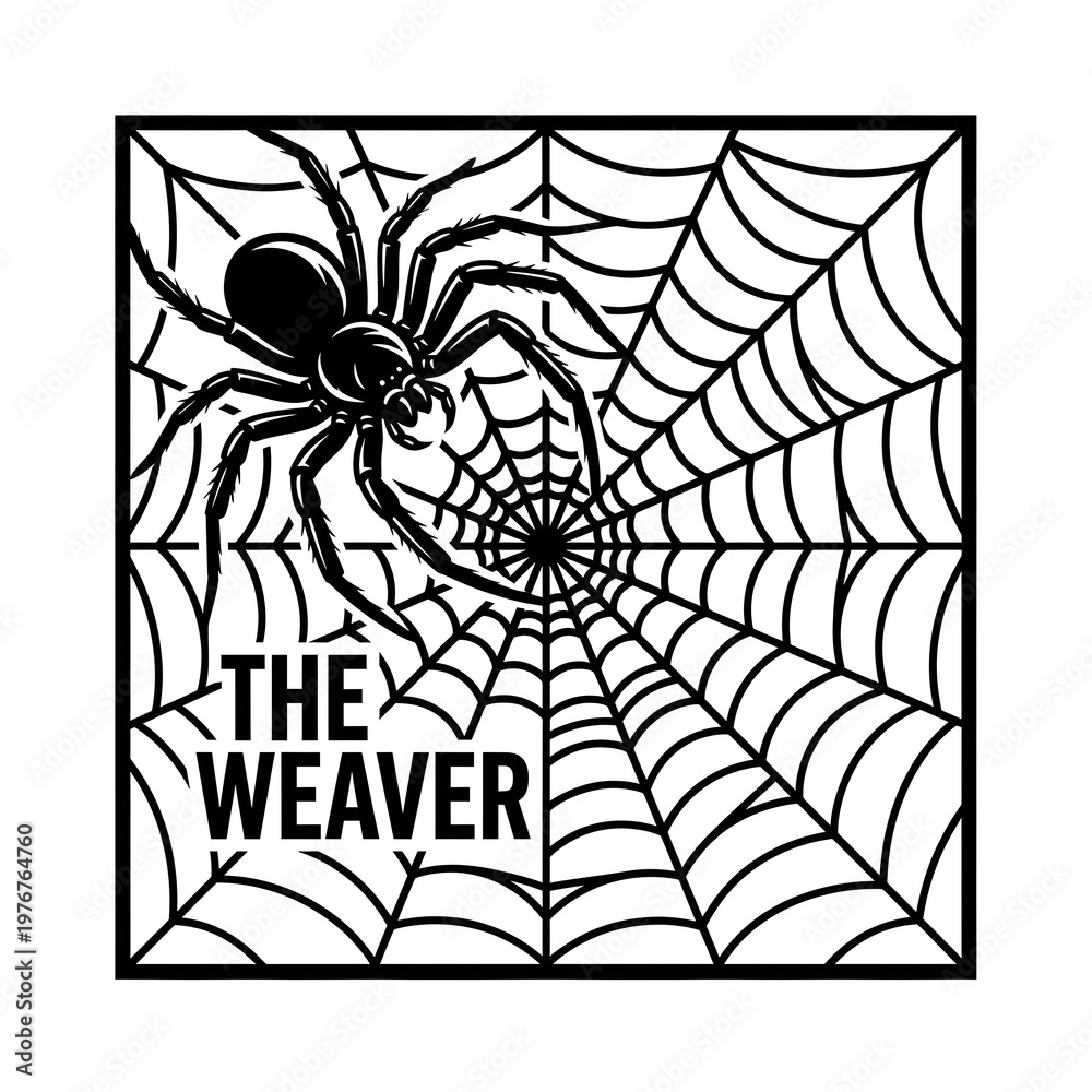 Fototapeta premium black and white icon of a spider actively weaving its web. composition captures the intricate interaction between the arachnid and its silk, symbolizing craftsmanship, networking, and precision. 