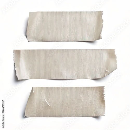 Three beige tape pieces with torn edges on white