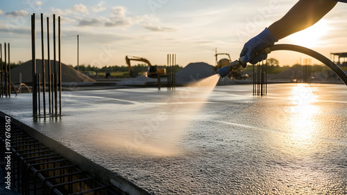 Worker spraying curing compound on fresh concrete slab at construction site.
