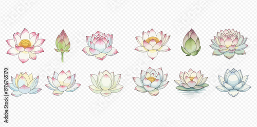 Watercolor lotus flowers and buds set, botanical illustration of aquatic plants, delicate floral elements for design.