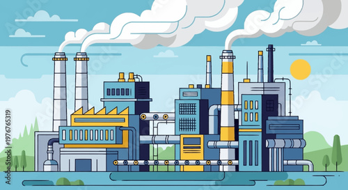 Industrial Plant Emitting Smoke - A Vector Illustration of Pollution.