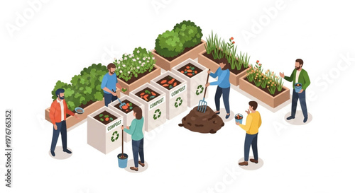 Illustration of diverse people gardening and composting in raised beds and boxes with green plants and soil on a white background