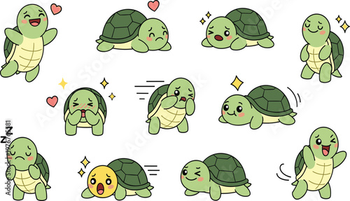 Cute Kawaii Turtle Vector Illustration Set with Different Emotions and Poses for Kids, Cartoon Characters, Animal Expressions, and Playful Design Projects.