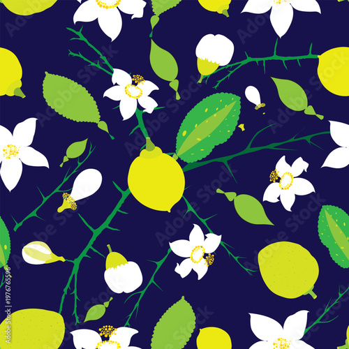 Vector citrus lemon-lime themed black background with flowery contrast seamless repeat, ideal for digital/screen printed fabric (casualwear, beachwear, kidswear, caps, scarves), décor, wrapping, tilin