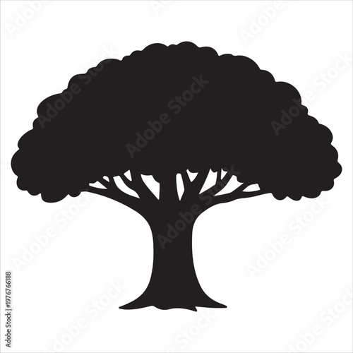 A black silhouette of a tree on a white background