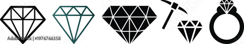 Elegant black gemstone icon collection featuring diverse diamond, octagon, pear, triangle, and emerald-cut shapes with clean geometric facets, perfect for luxury branding and modern vector illus