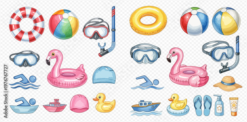 Collection of vibrant summer swimming and beach accessories, including inflatables, goggles, and pool toys, on a transparent background.