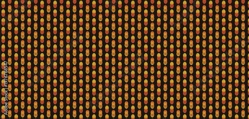 Seamless abstract geometric pattern with orange, yellow, and brown oval shapes on black background. Repetitive modern texture for fabric, wallpaper, digital design.