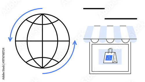 Global trade, online shopping, digital marketplaces, e-commerce platforms, web stores, retail. Image shows a globe with arrows and a storefront with a shopping bag. Global trade and online shopping
