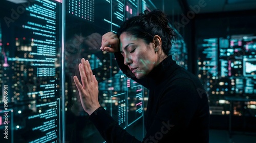 Tired female IT professional overwhelmed by cybersecurity alerts