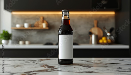 A glass bottle of soda sits on a marble countertop in a modern kitchen