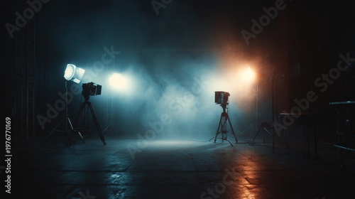 Studio spotlight setup for film production background with blurred led lights and atmospheric smoke in dark room, cinematic lighting equipment scene for photography, videography and creative studio ba