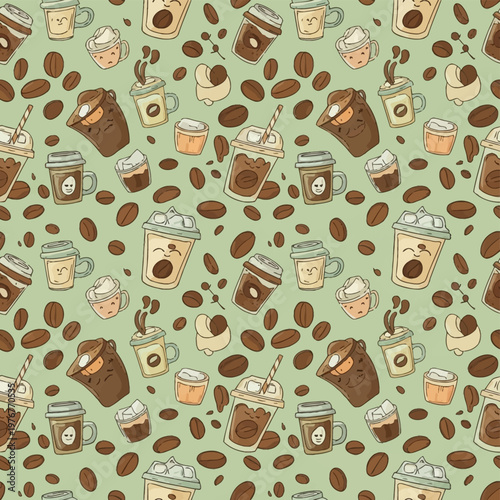 Seamless pattern featuring hand-drawn coffee mugs, iced latte cups with straws, espresso shots with ice, and scattered coffee beans with kawaii faces on a muted green background.