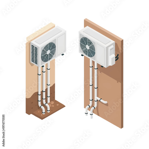 Isometric vector illustration showing two external air conditioning units with ventilation fans and white piping systems mounted on wall structures, isolated on white background.