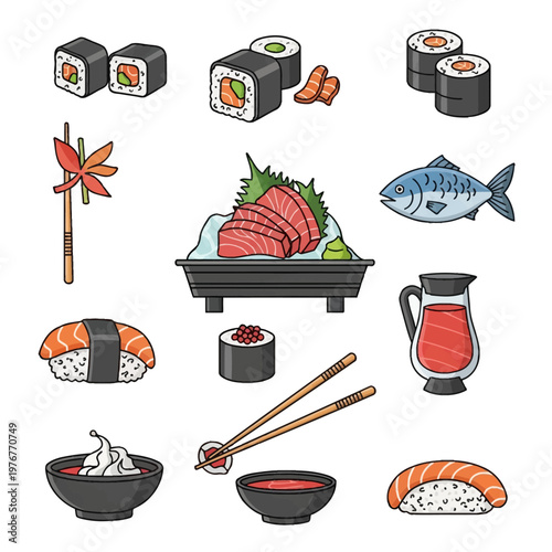 Collection of Japanese cuisine icons featuring salmon nigiri sushi, maki rolls, sashimi on ice with wasabi, whole fish, chopsticks, soy sauce bowls, and traditional food garnishes.