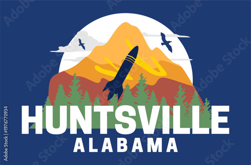 Huntsville Alabama with natural scenery and rocket silhouette
