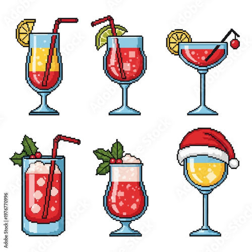 Pixel art icon set of six colorful cocktail drinks featuring garnishes like lemon, lime, and straws, including seasonal holiday beverages with holly berries and a Santa hat.