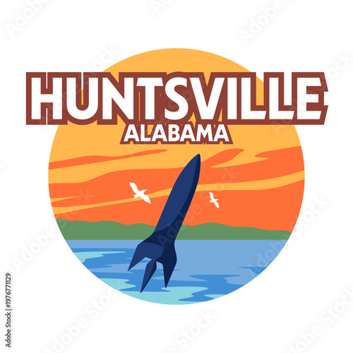 Huntsville Alabama with natural scenery and rocket silhouette