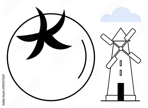 Renewable energy, wind power, eco sustainability, environment, green energy, clean power. Minimalistic windmill with rotating blades and circular energy symbol. Renewable energy and wind power