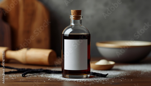 A glass bottle of liquid sits on a wooden table surrounded by baking ingredients