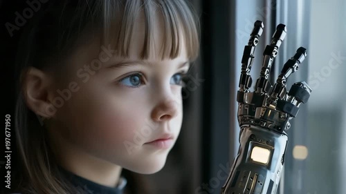 Young girl with robotic prosthetic arm gazes out the window, reflecting a moment of curiosity and resilience in her daily life