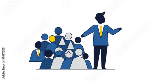 Business leader presenting to audience in vector style teamwork communication meeting with group of people in blue and yellow colors
